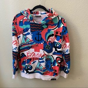 pink + dolphin graphic all over print hoodie sweatshirt womens medium